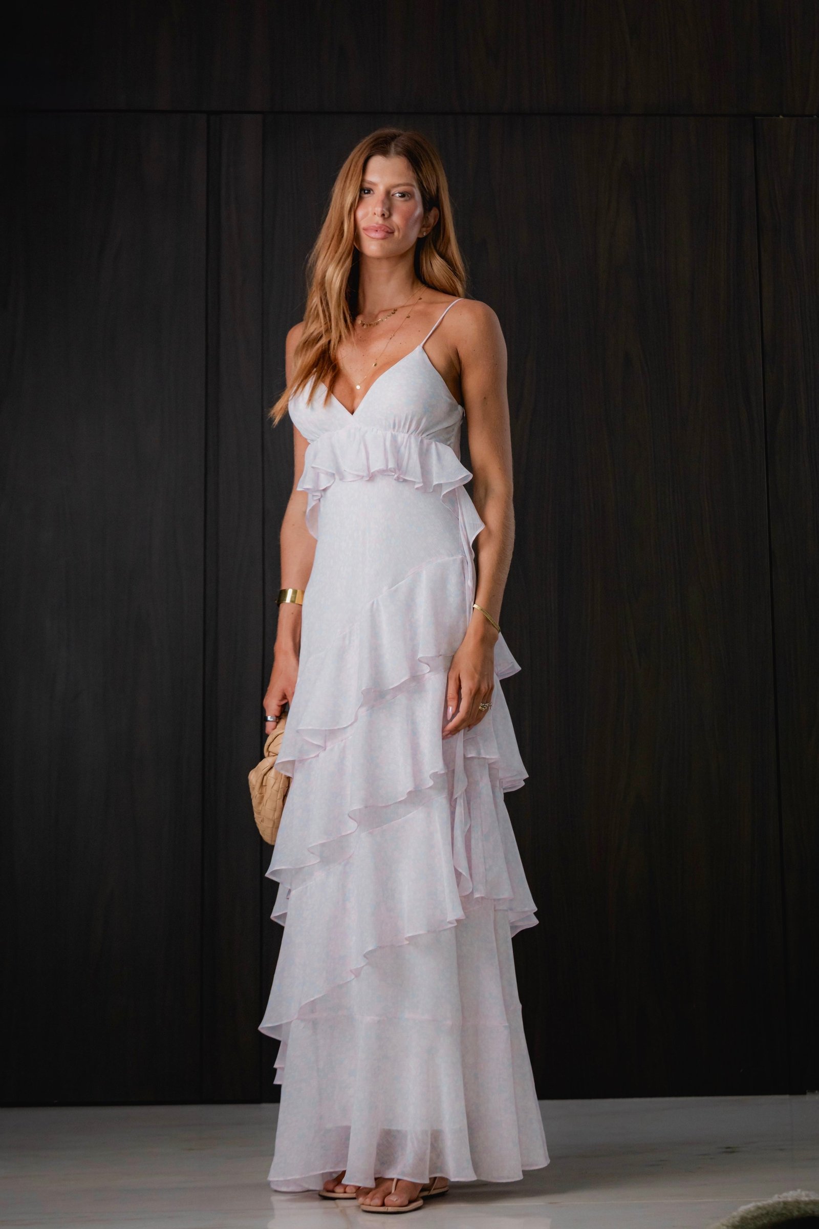 Vestido de Alcinha em Chiffon de Seda com Babados Estampa Liberty